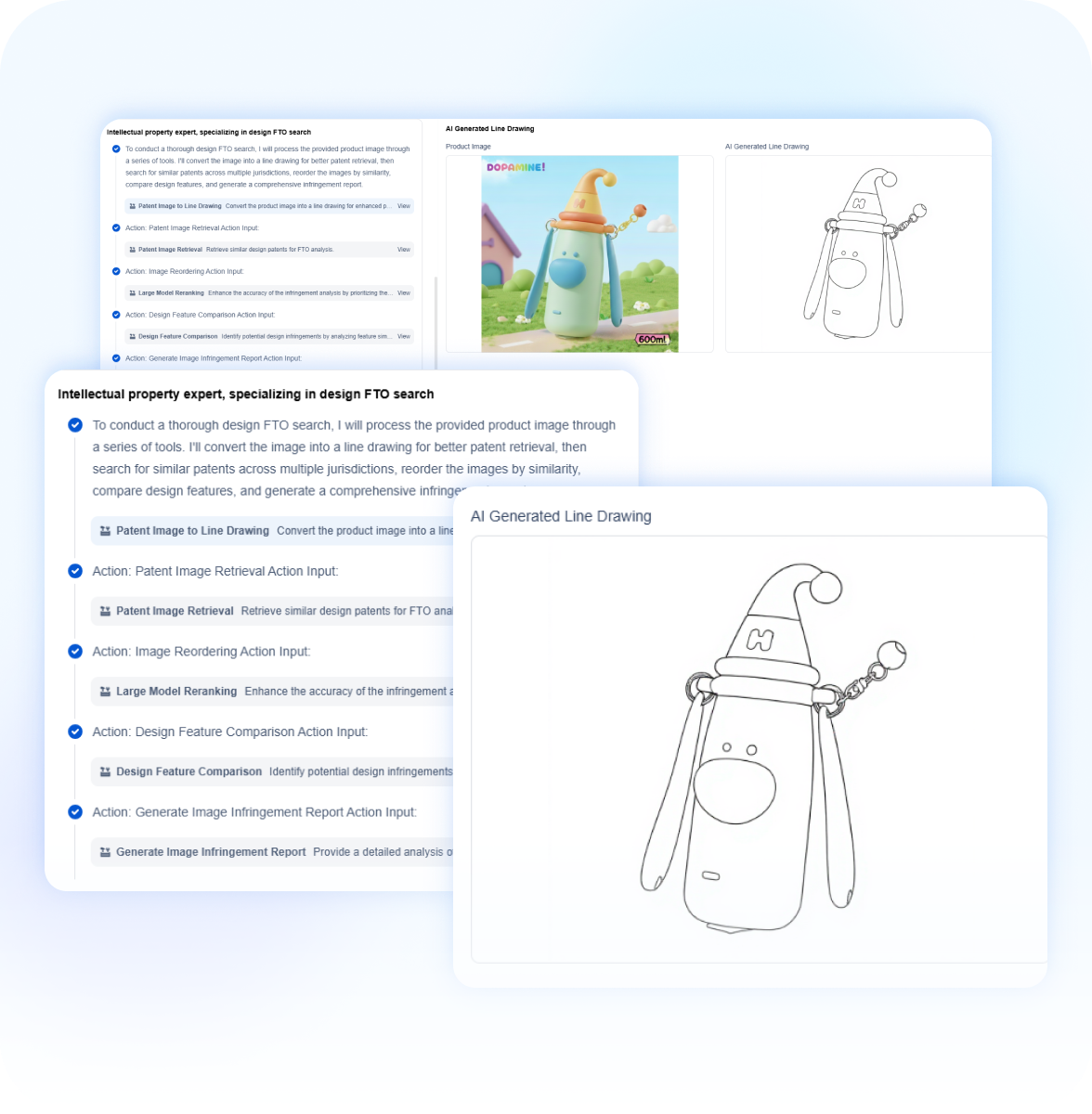 PatSnap Eureka Design FTO Search — AI converting product images into patent-standard line drawings, with automated design feature comparison and visual similarity analysis for infringement risk assessment