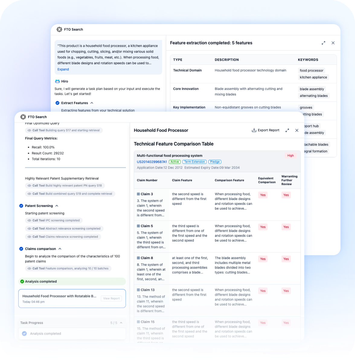 PatSnap Eureka FTO Search — AI-powered freedom-to-operate analysis showing automated feature extraction, patent screening, and claim-by-claim comparison table for infringement risk assessment
