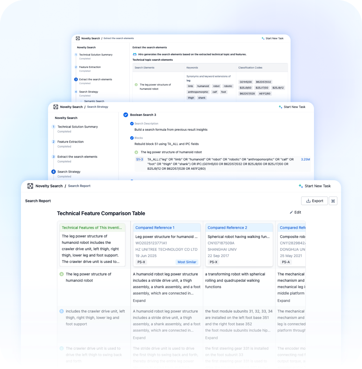 PatSnap Eureka Novelty Search — AI-generated Technical Feature Comparison Table showing prior art results across multiple patent references